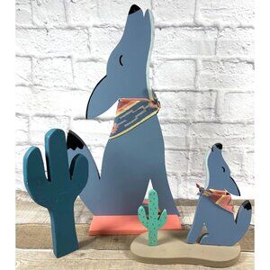 Vintage Handmade Southwestern Folk Art Howling Coyote Cactus Set Wood Décor 80's